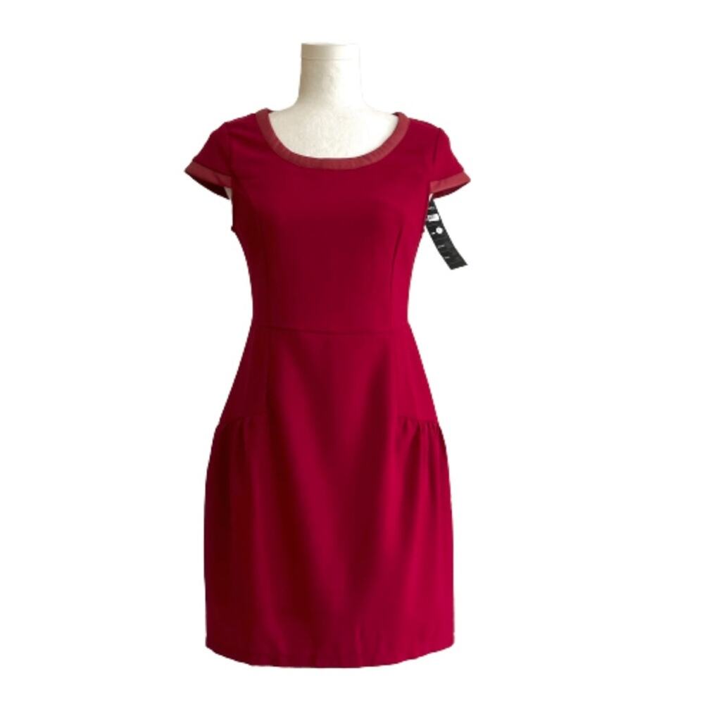 RW Runway Paris Dress Red Cap Sleeve Faux Leather Trim Career Dress Medium NEW